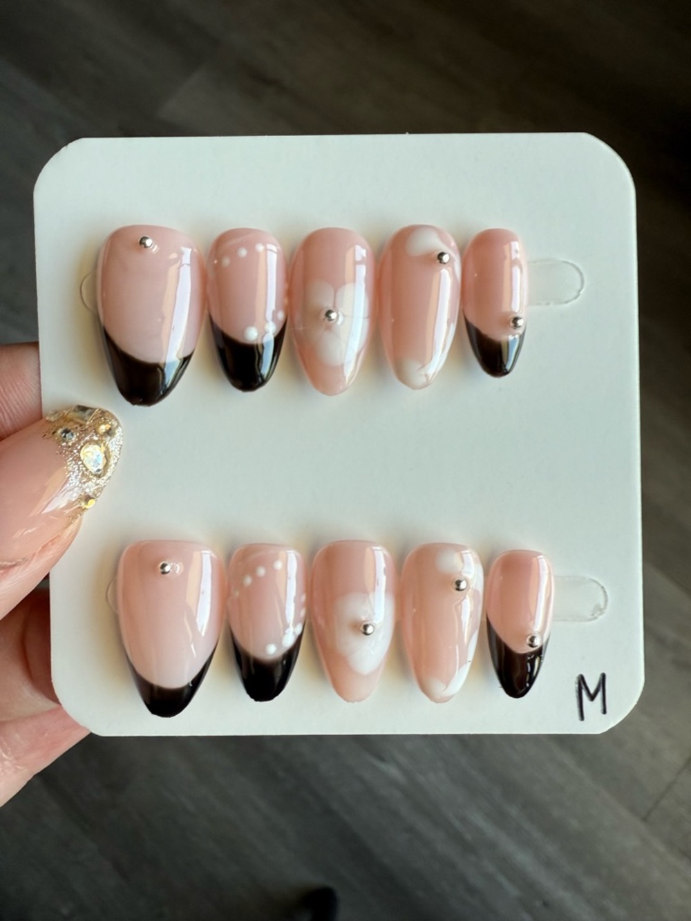 Elegant Nude & Black French Tip Press-On Nails with Silver Accent